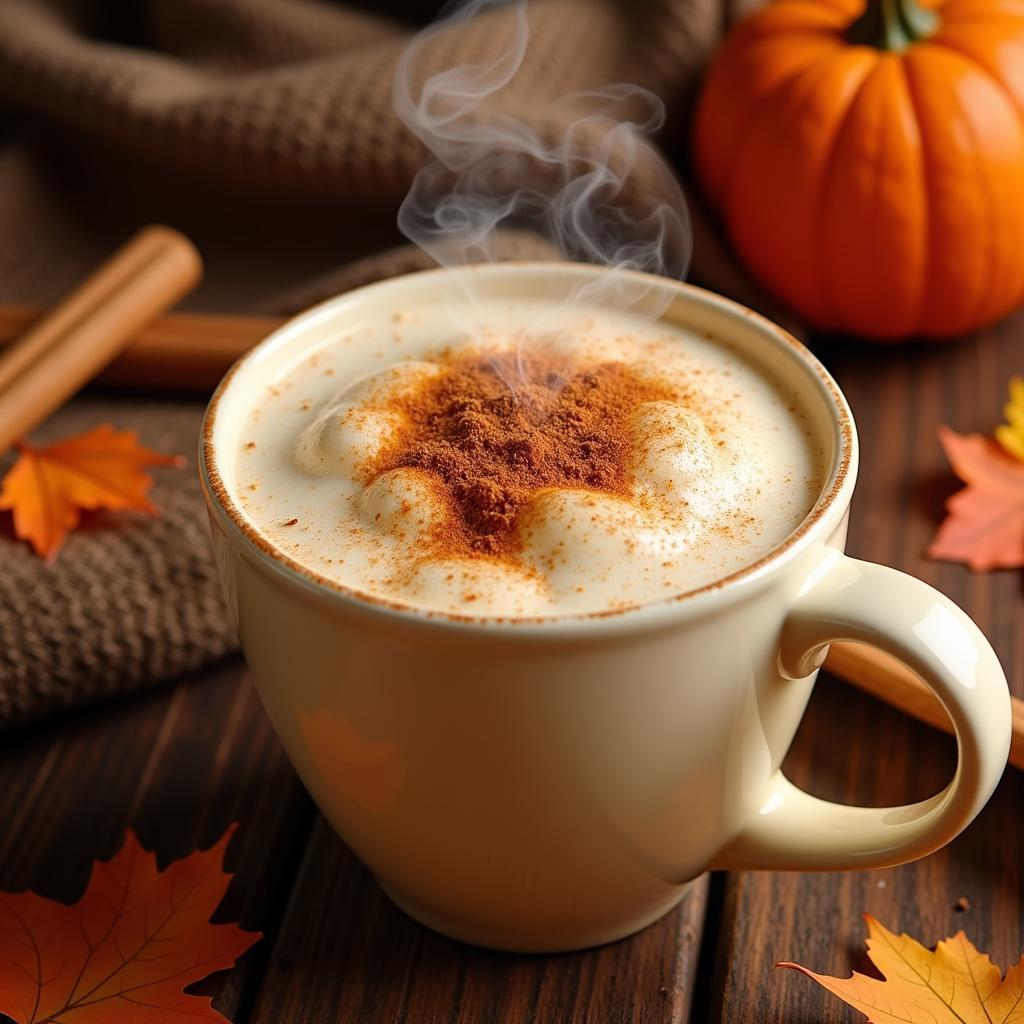 A close-up shot of a homemade pumpkin spice latte caffeine free, showcasing the rich texture and warm spices.