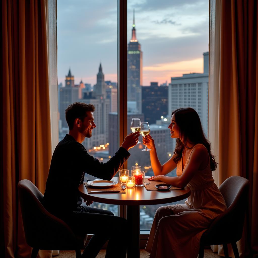 Couple enjoying wine at a hotel happy hour.