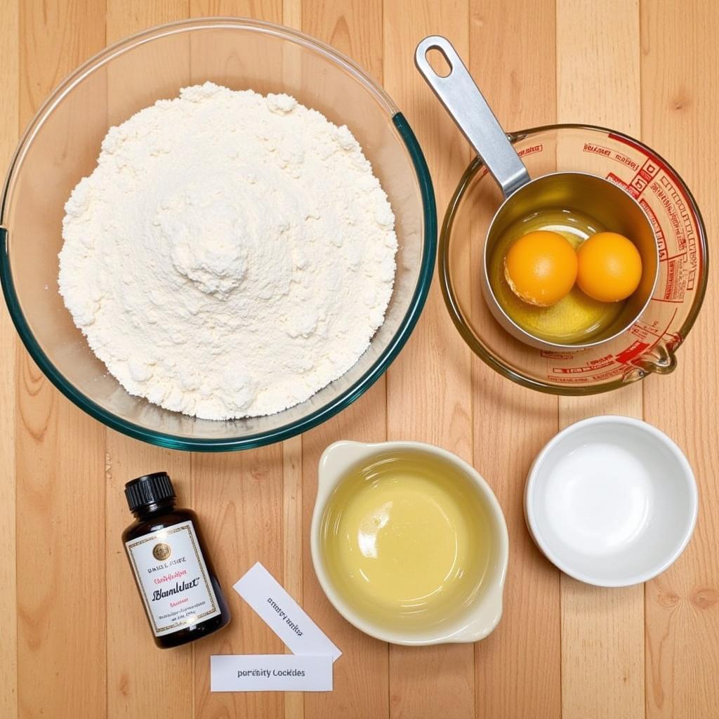 Various ingredients laid out for making gluten-free fortune cookies, including gluten-free flour, sugar, eggs, and vanilla extract.