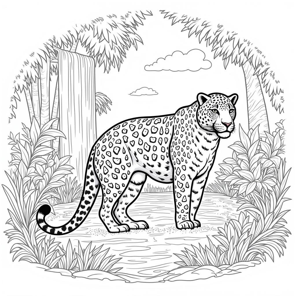 Jaguar in Rainforest Scene Coloring Page