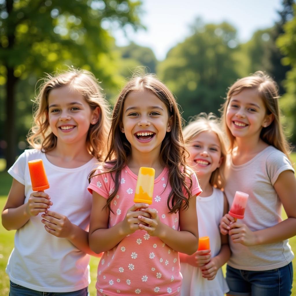 Children happily eating allergy-free popsicles outdoors.