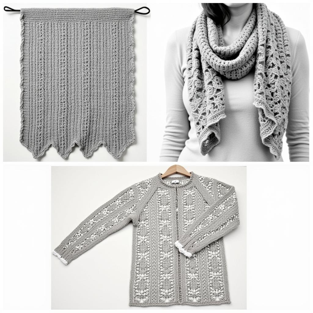 Examples of finished knitting projects featuring various lace edgings, such as a blanket with a delicate scallop edge, a scarf with a floral border, and a sweater with a geometric lace trim.