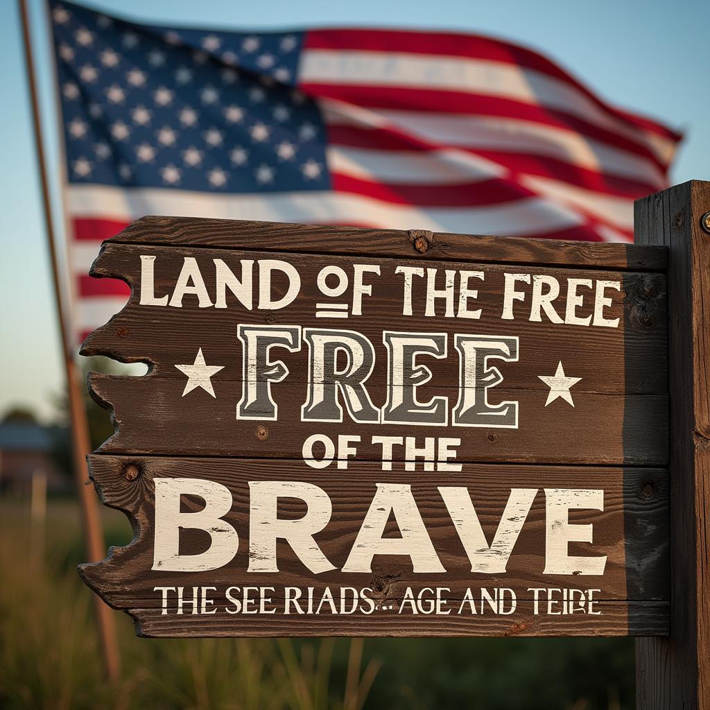 American flag with "Land of the Free Because of the Brave" sign