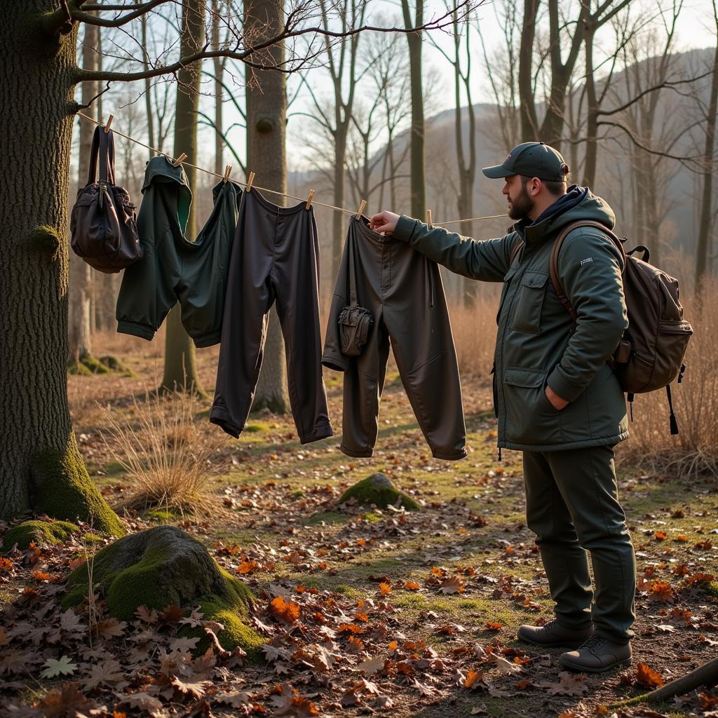 Hunter airing out hunting clothes