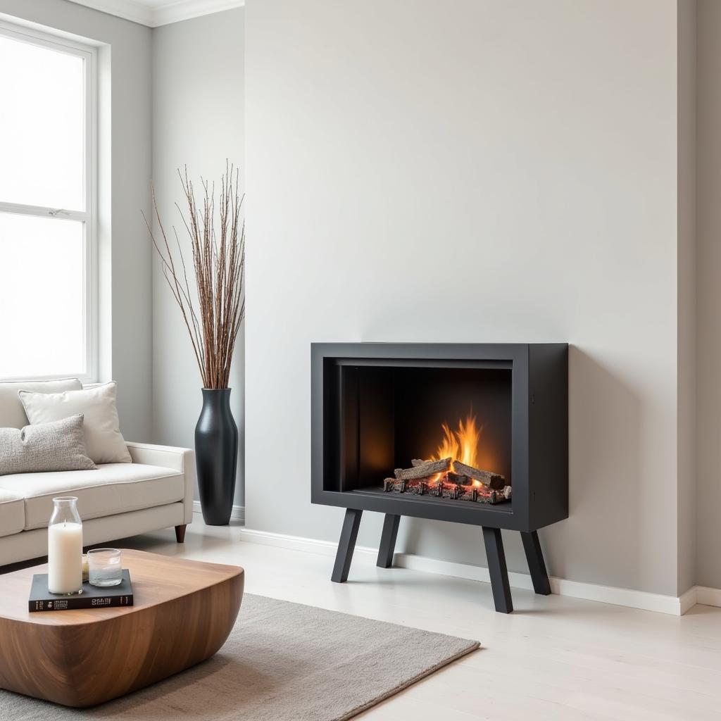 A sleek and modern free standing vent free gas fireplace in a minimalist setting.