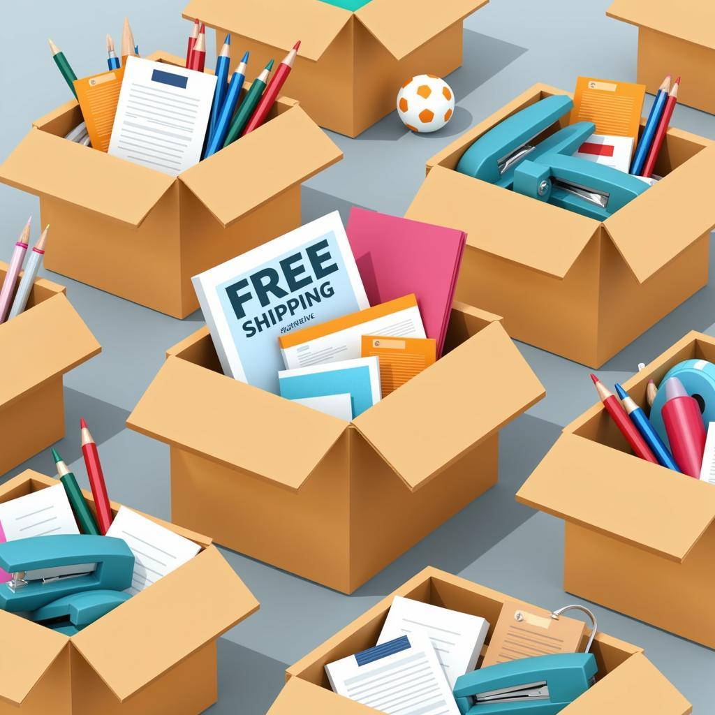 Boxes of office supplies with a free shipping label.