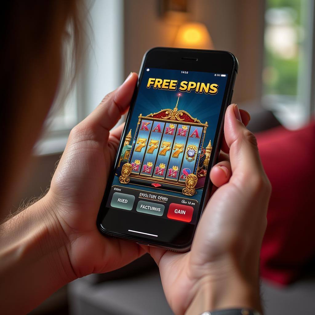 A person playing online casino games on their mobile phone and using free spins.