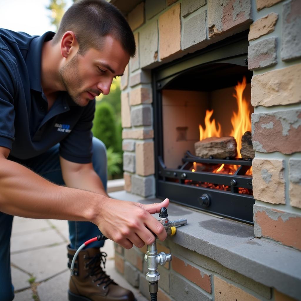 A professional installing an outdoor gas fireplace, ensuring safety and proper functionality.