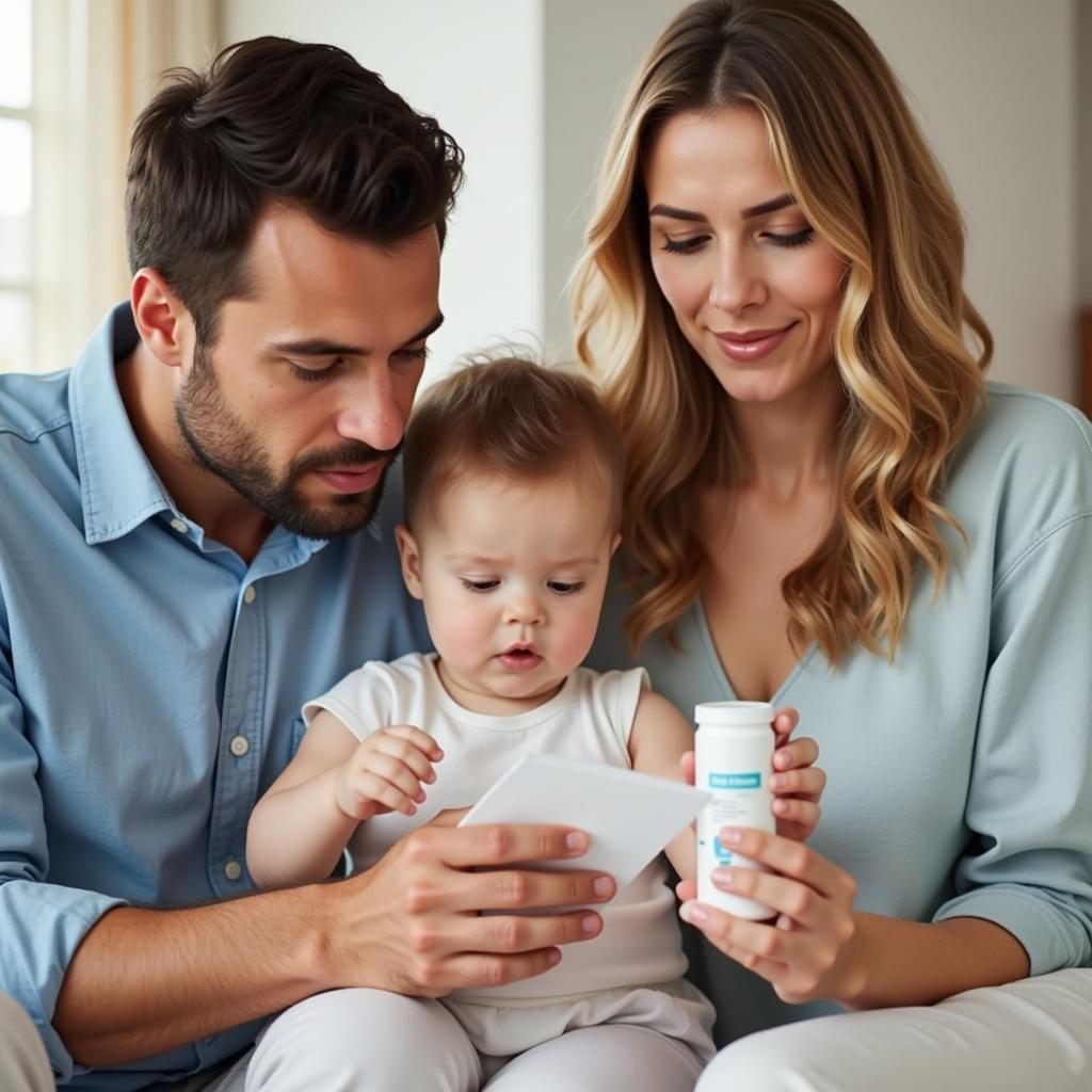 Parents carefully reading the label of a dairy-free organic formula.