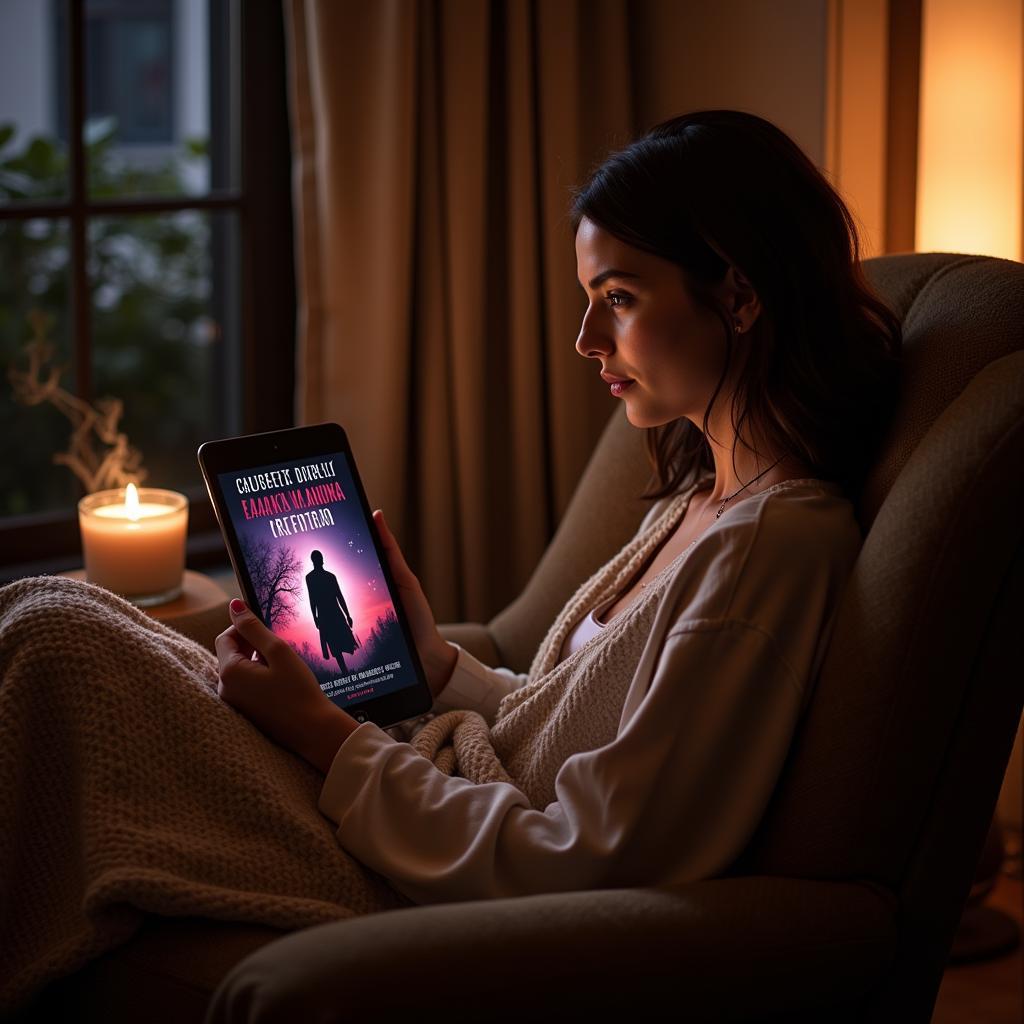 Woman reading paranormal romance on a tablet in a cozy setting