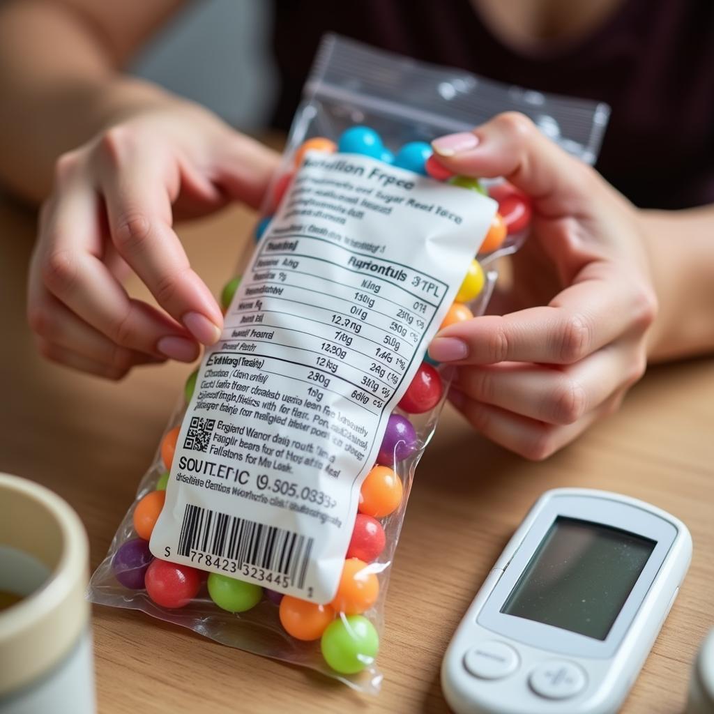 A person with diabetes carefully reading the nutritional label on a bag of sugar-free lollipops.