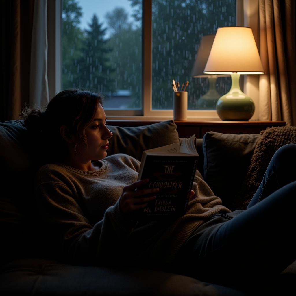 A person engrossed in reading The Coworker by Freida McFadden