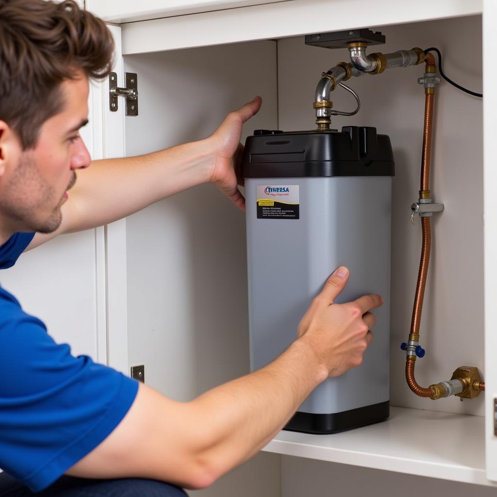 Salt-free water softener being installed in a home plumbing system