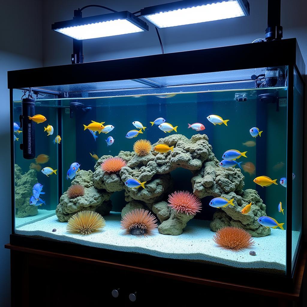 Saltwater fish swimming in a vibrant, healthy home aquarium, delivered with free shipping.