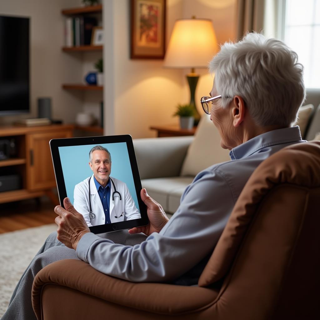 A senior citizen uses a free tablet for a telehealth appointment with her doctor.