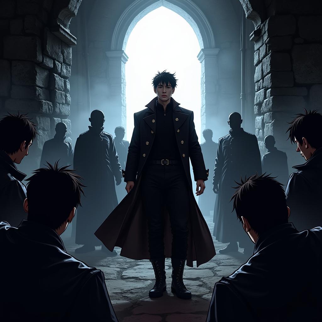 Sung Jin-Woo, the protagonist of Solo Leveling, stands defiantly in a dungeon, showcasing his powerful shadow army.