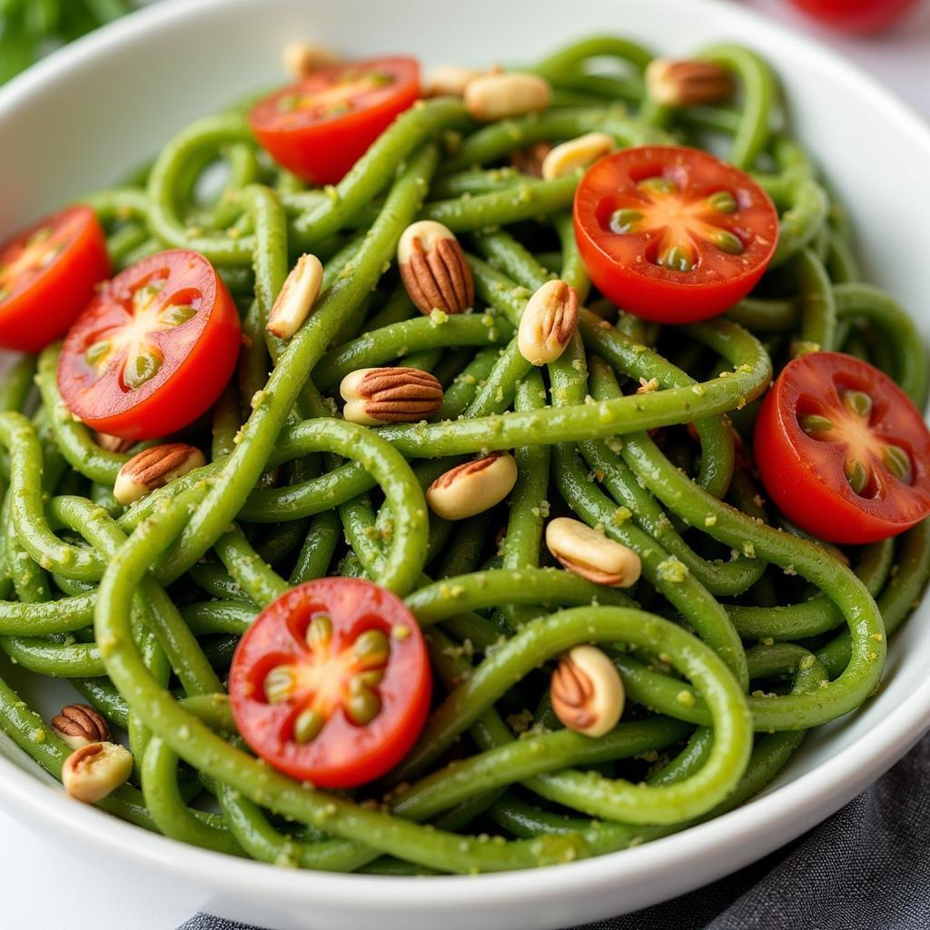 Spinach gluten free pasta with pesto sauce, pine nuts, and cherry tomatoes.