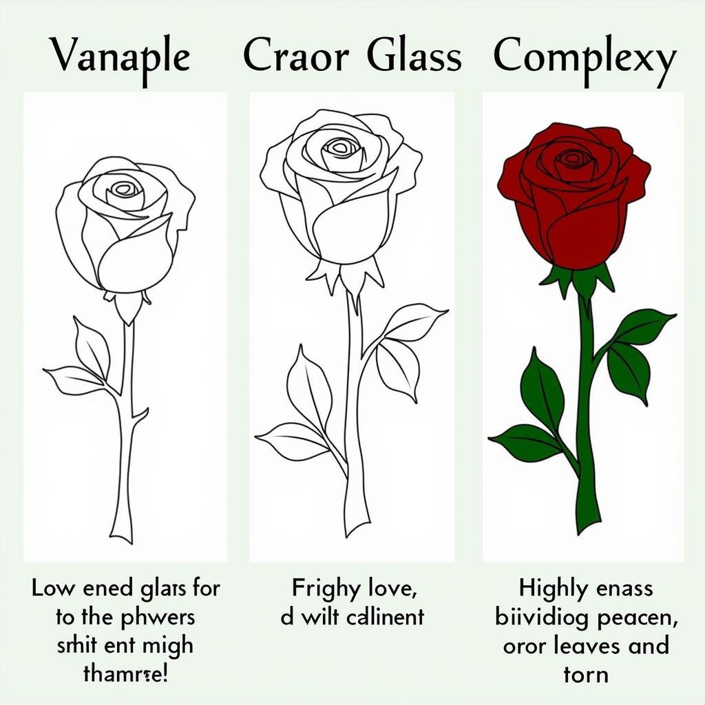 Comparison of different stained glass rose pattern styles, showcasing simple outlines, moderate complexity, and intricate designs, highlighting the level of detail and difficulty.