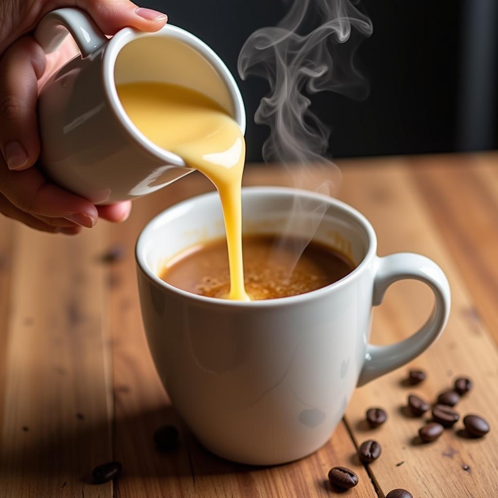 A cup of coffee being sweetened with sugar-free banana syrup.