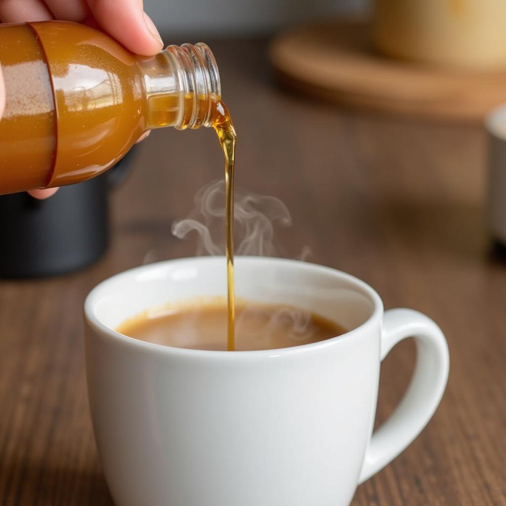 A cup of coffee being sweetened with sugar-free banana syrup.