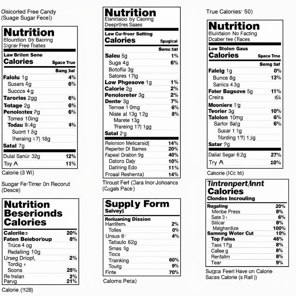 Close-up of nutrition labels on various packages of bulk sugar free candy.