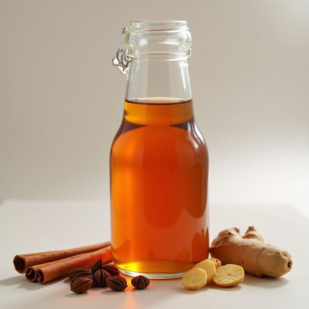 Sugar-free chai syrup in a glass bottle, with spices like cinnamon, cardamom, and ginger scattered around