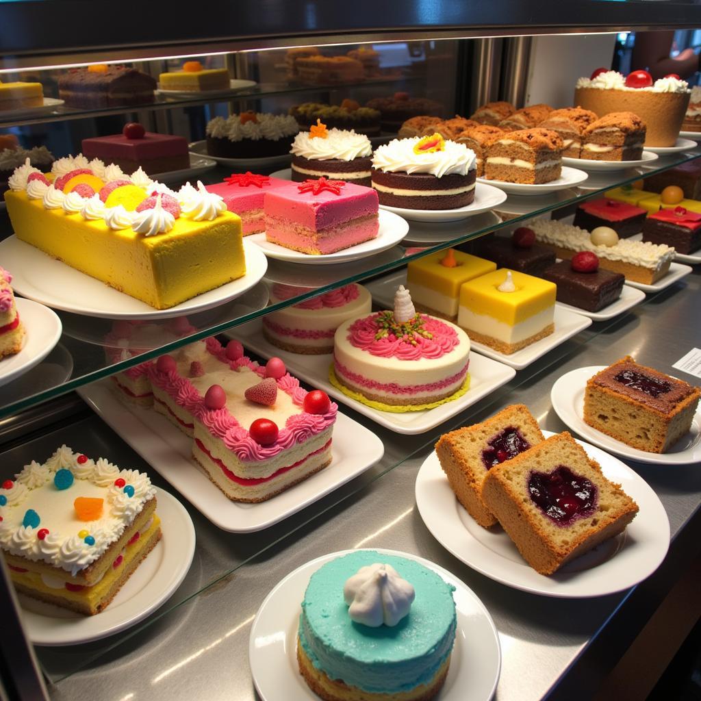 Sugar-free desserts displayed in a bakery.