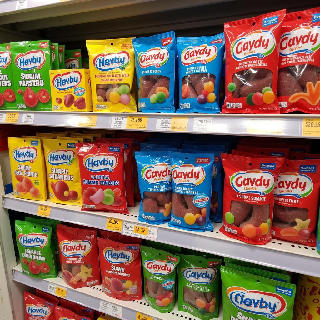 Sugar-free gummy candies displayed on store shelves.