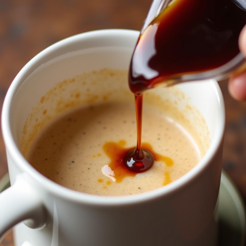 Sugar-free Irish cream syrup being poured into a cup of hot coffee, creating a swirling, decadent effect.