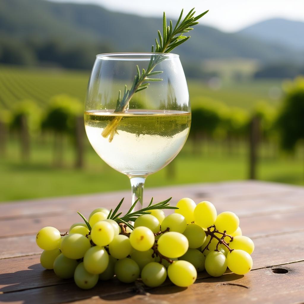 A glass of chilled sugar free Sauvignon Blanc with grapes.