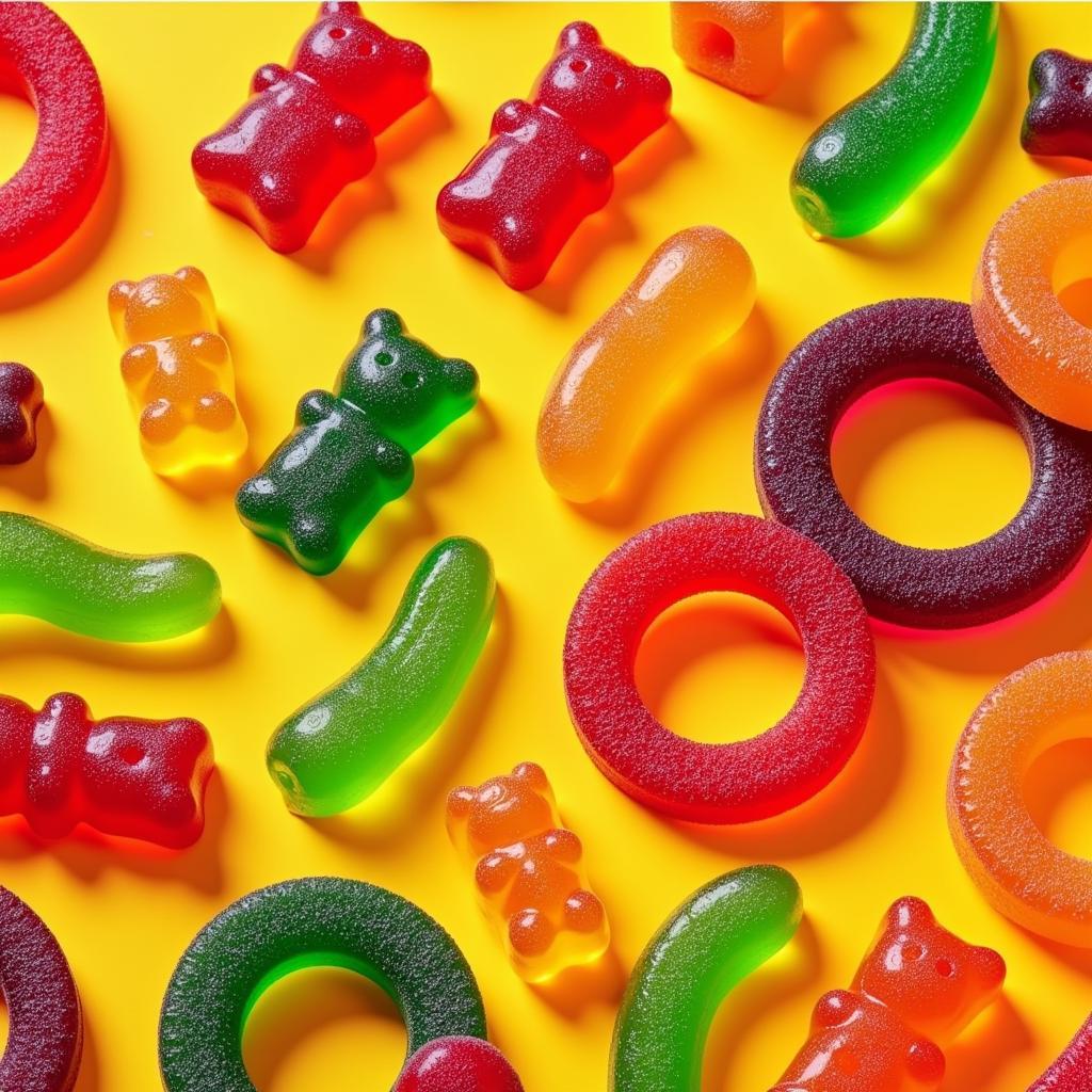 Assortment of colorful sugar-free sour gummy candies in various shapes and flavors.