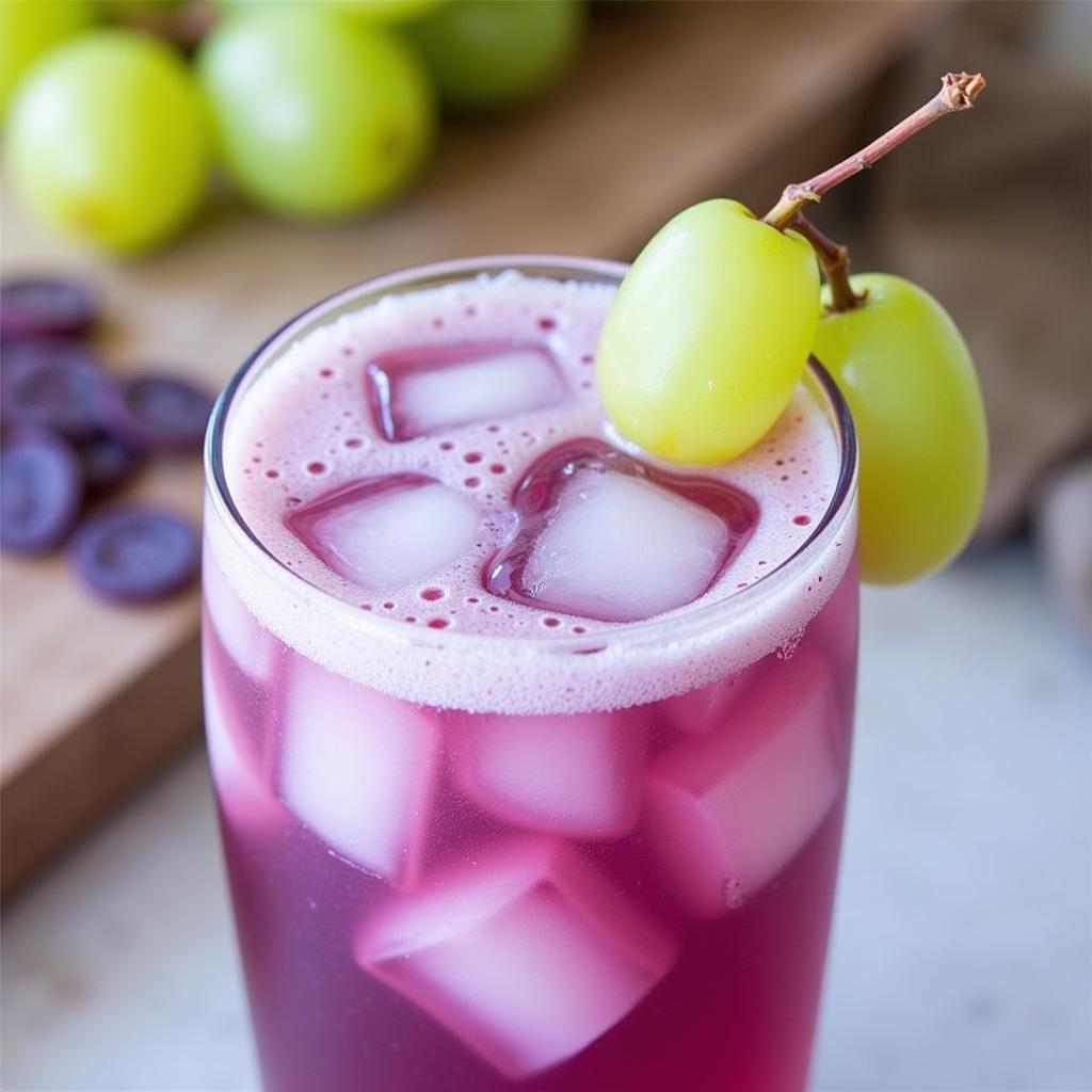 A glass of sugar free sparkling grape juice with ice and grapes.