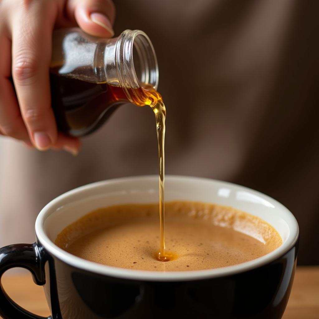 Adding sugar-free vanilla syrup to a steaming cup of coffee