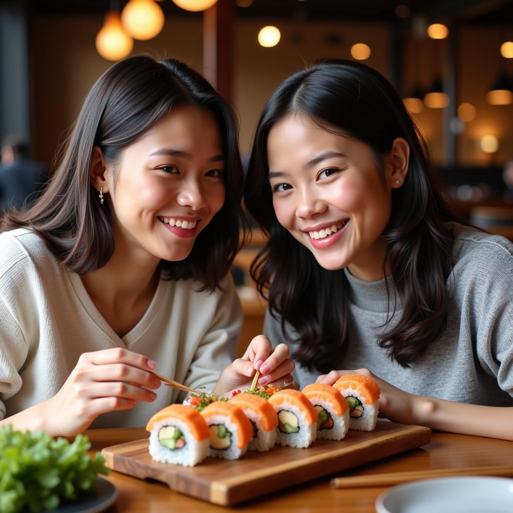 Two friends enjoying sushi together, highlighting the social aspect of sharing a BOGO deal.