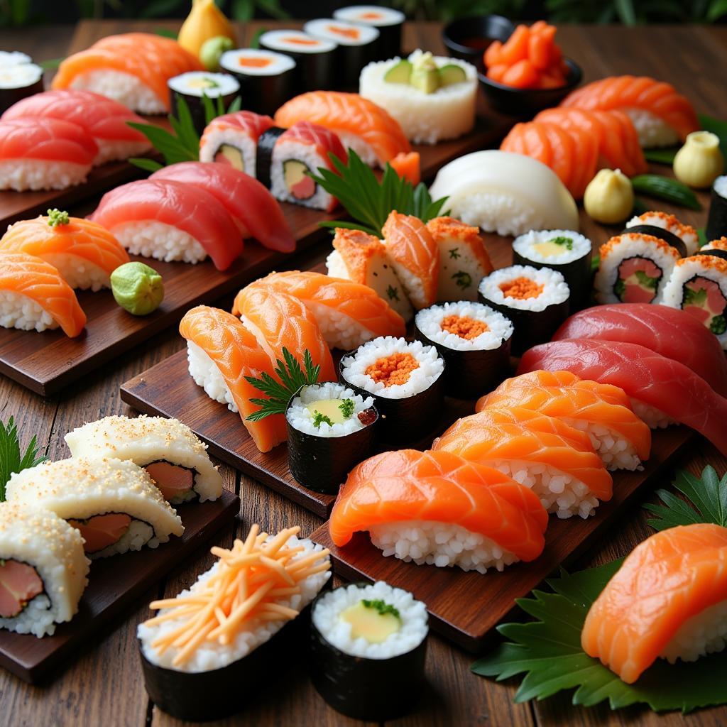 A table filled with different types of sushi, demonstrating the opportunity to try new varieties with a BOGO deal.