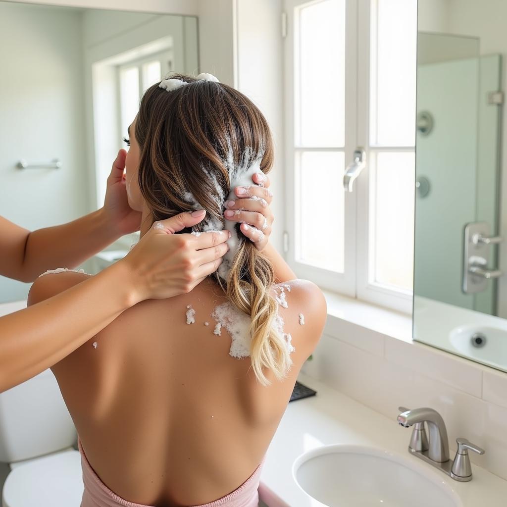 A person lathering their hair with a free shampoo sample in the bathroom