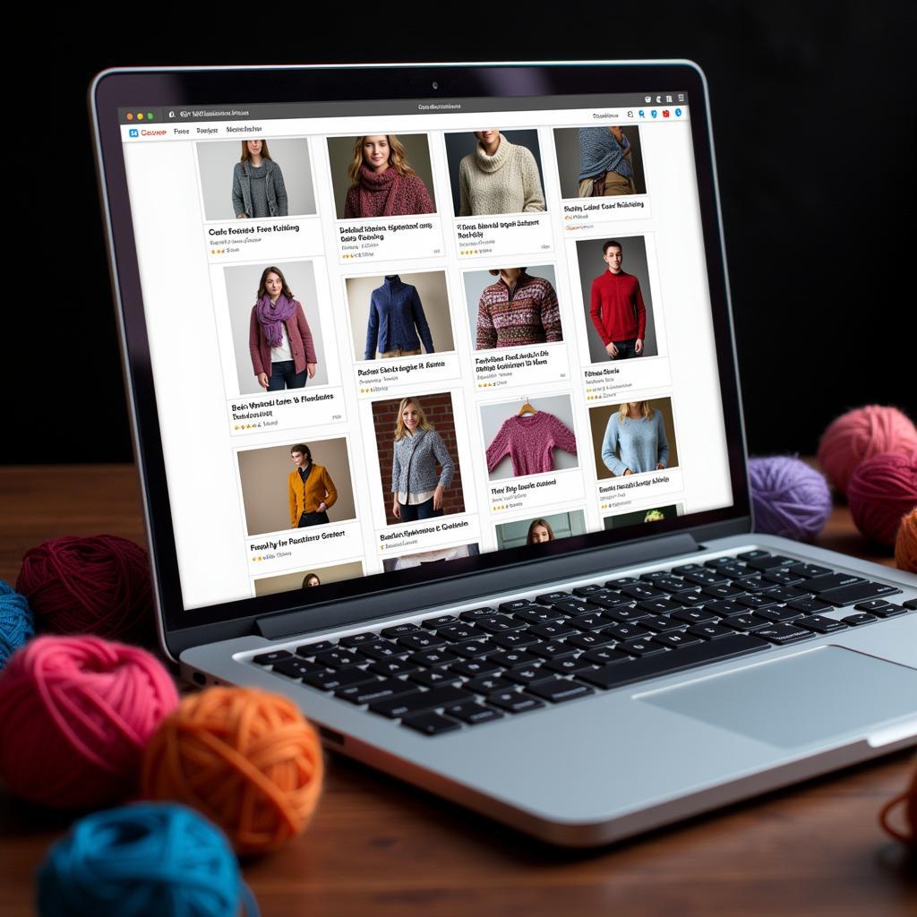 Various free knitting patterns displayed on a computer screen.