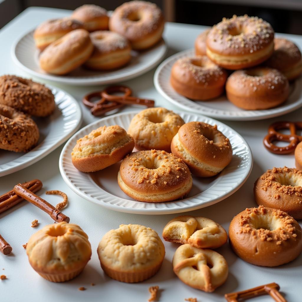 Various gluten-free treats including donuts, pretzels, and other pastries