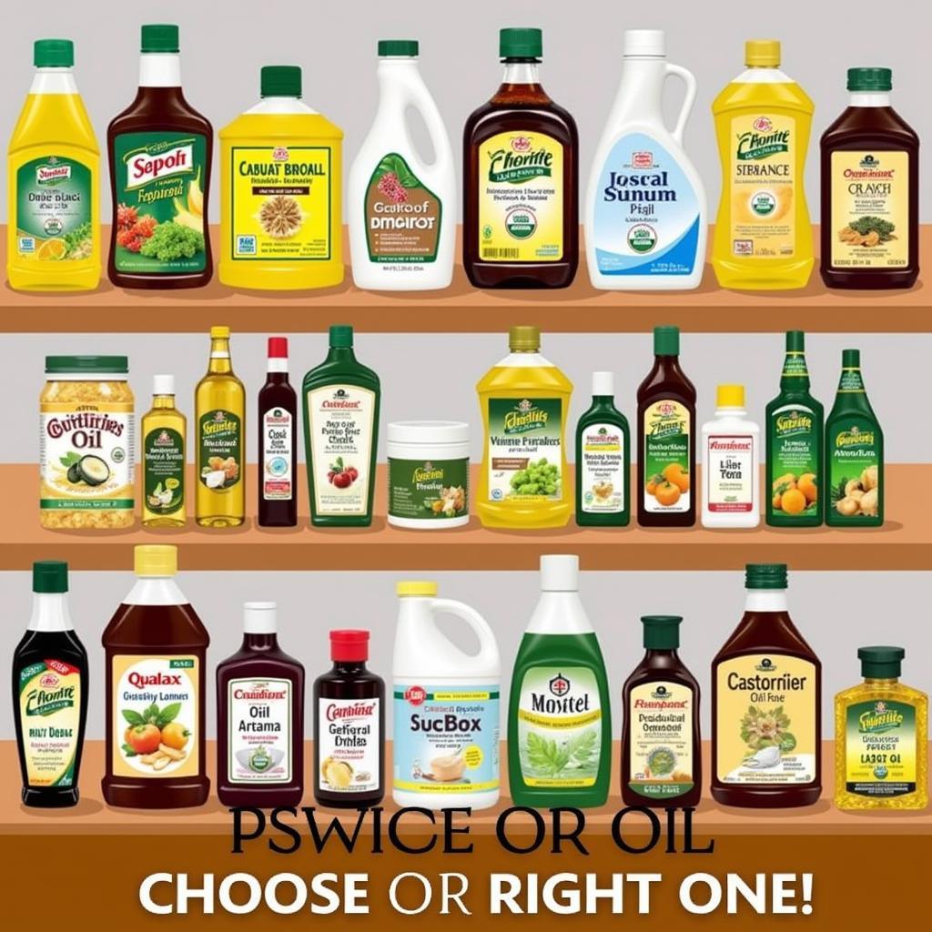 Different sizes and brands of castor oil bottles arranged on a shelf.