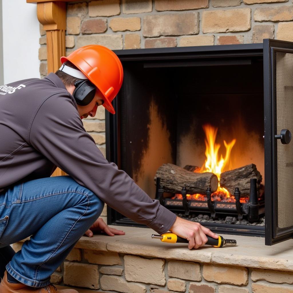 A technician installing vent-free gas logs, highlighting the importance of professional installation for safety.