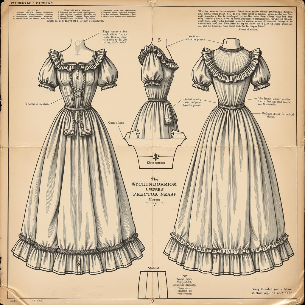 Close-up view of a Victorian dress pattern showing intricate details