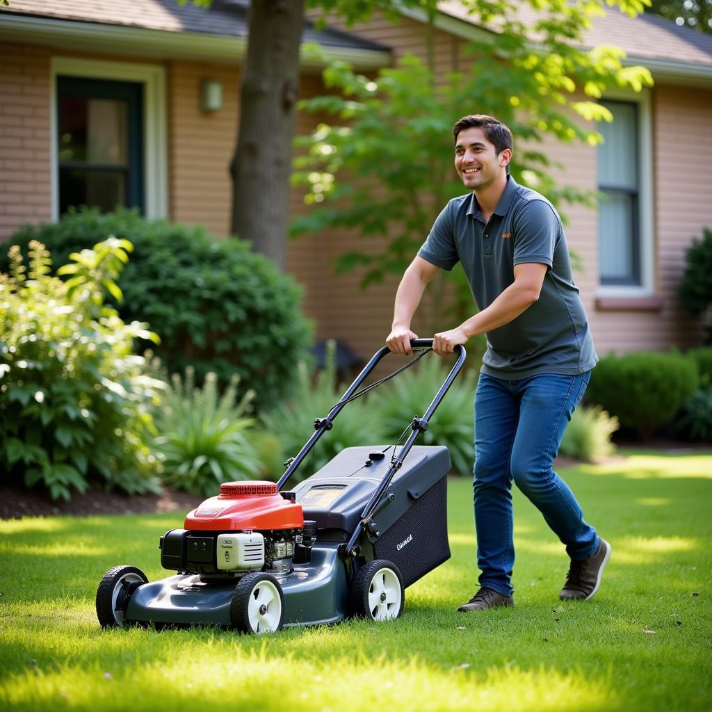 Volunteer Mowing Lawn for Senior Citizen