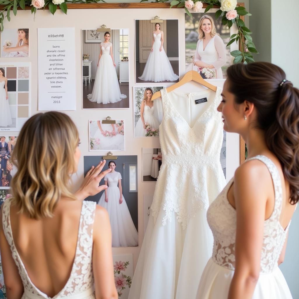 Bride looking at a mood board with wedding dress inspiration.