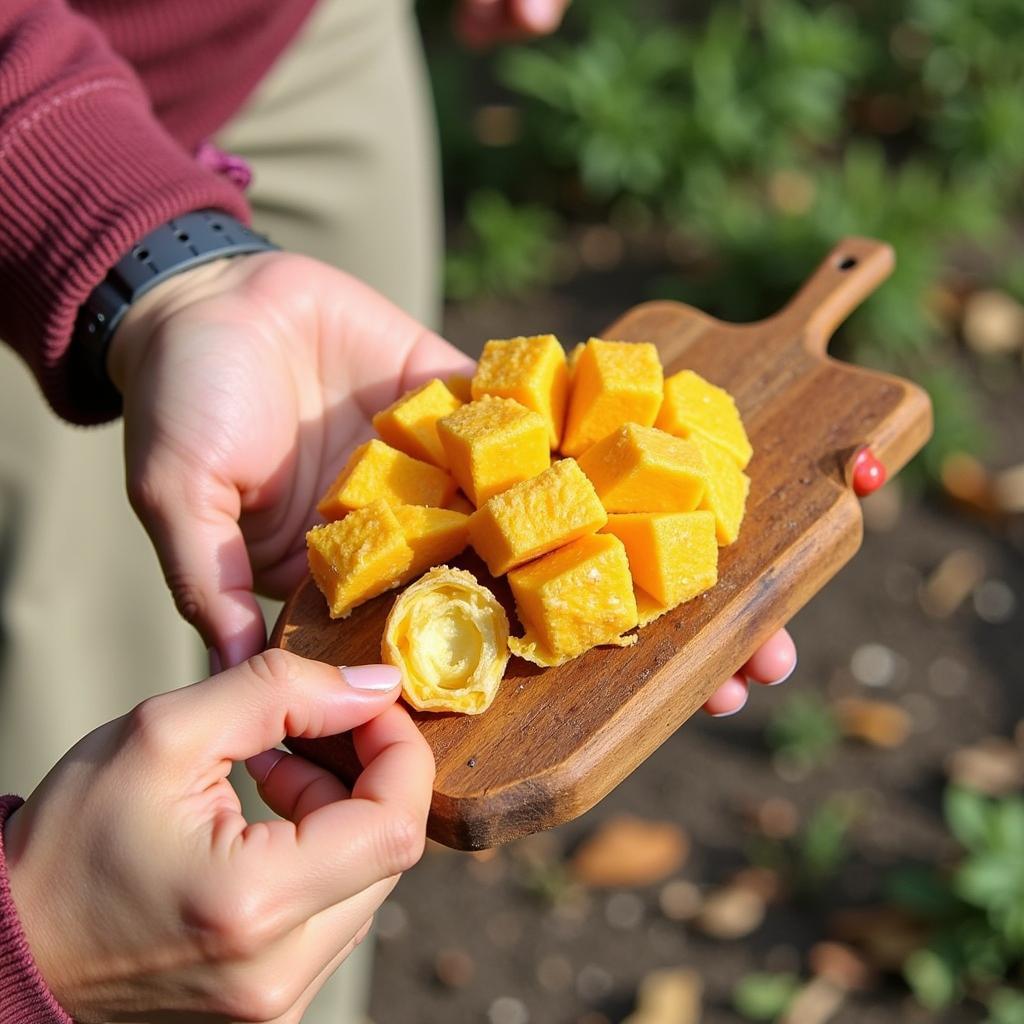 A woman smiles while enjoying a handful of sugar-free dried mango trail mix during a hike.