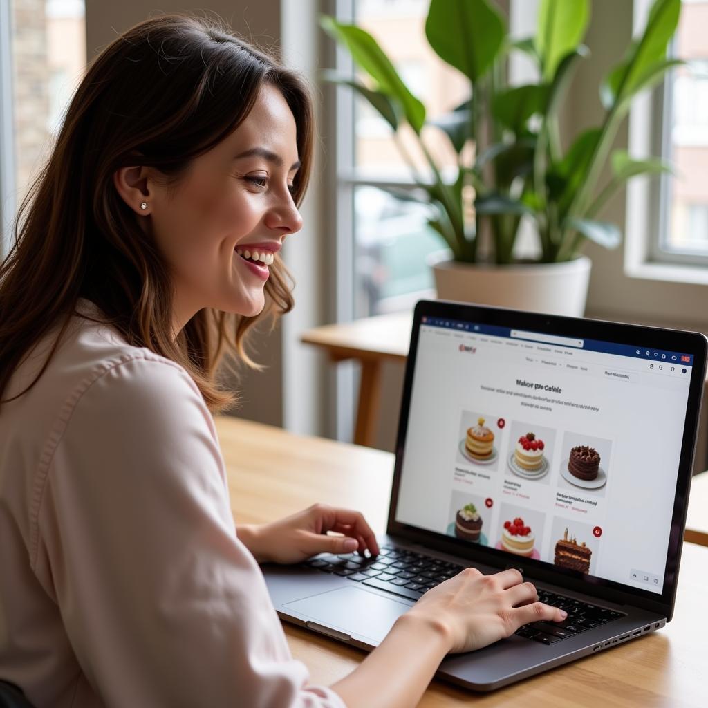 A woman smiling as she orders a sugar-free cake online using her laptop. Several different sugar-free cake options are visible on her laptop screen.