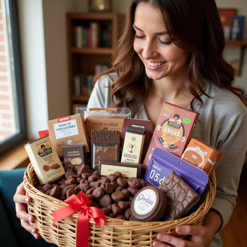 Happy Woman Receiving a Gluten-Free Chocolate Gift Basket