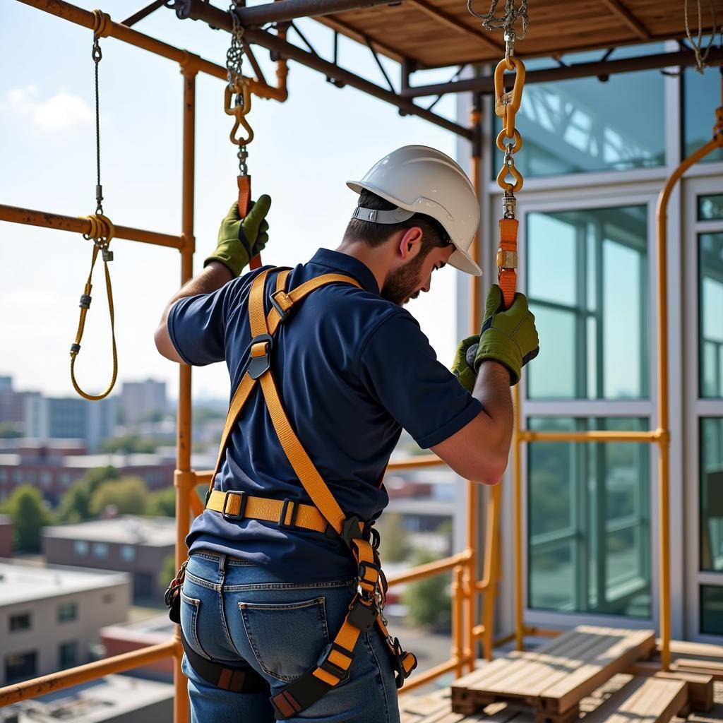 Worker safely connected to a fall arrest system while working at height