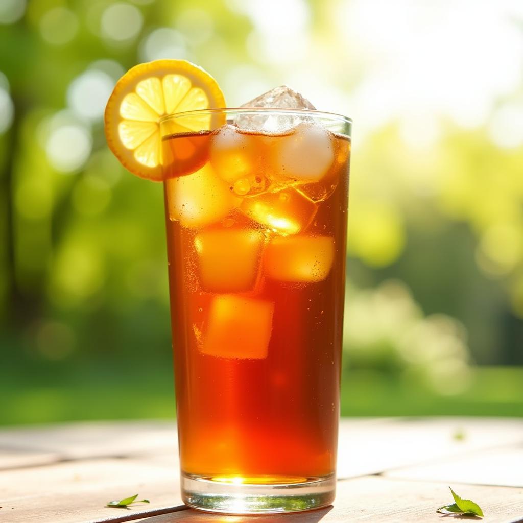 A tall glass of refreshing 4C sugar free iced tea with ice cubes and lemon wedge.