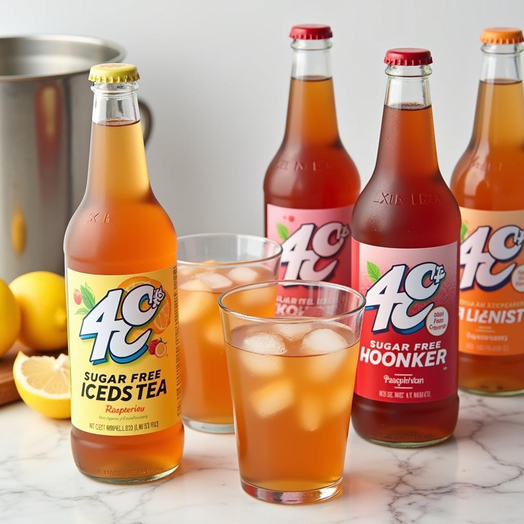 Variety of 4C sugar-free iced tea flavors including lemon, peach, and raspberry.