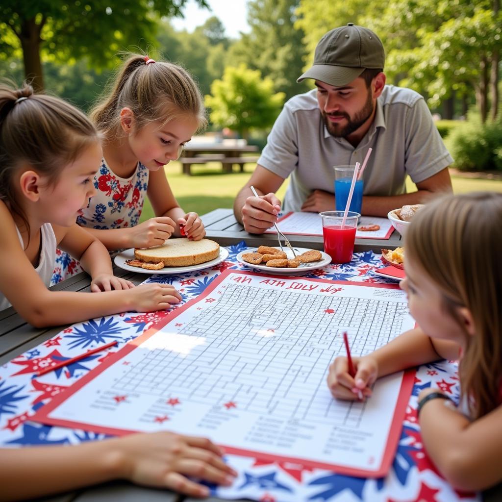 Family enjoying a 4th of July crossword puzzle together.